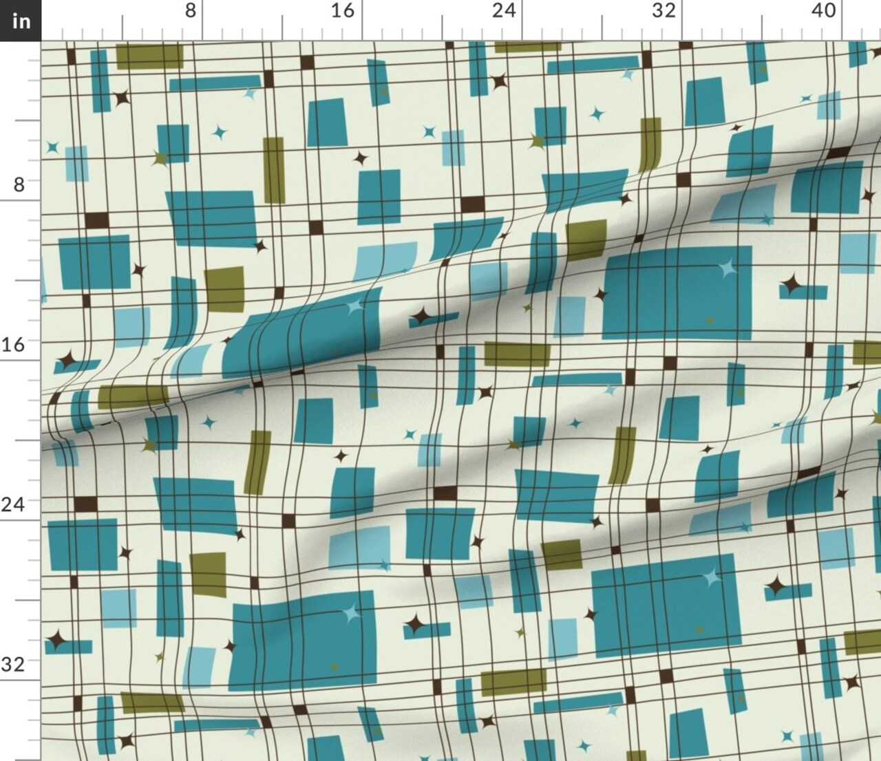 Mid Century Modern Grid Stars Teal Mod Retro Jazz Vintage 1950S Geometric Aqua Abstract Custom Printed Fabric by Spoonflower Various Fabrics by the Yard or Fat Quarter